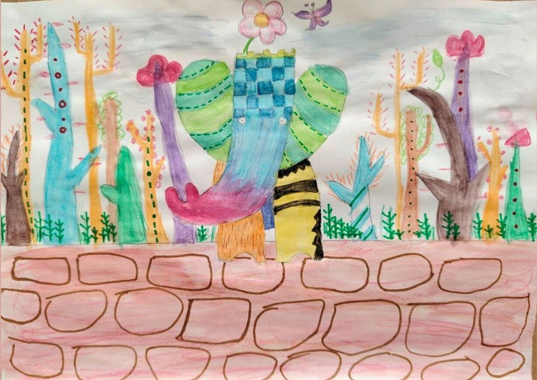 Student painting of colourful cactus-like plants behind a pink stone wall
