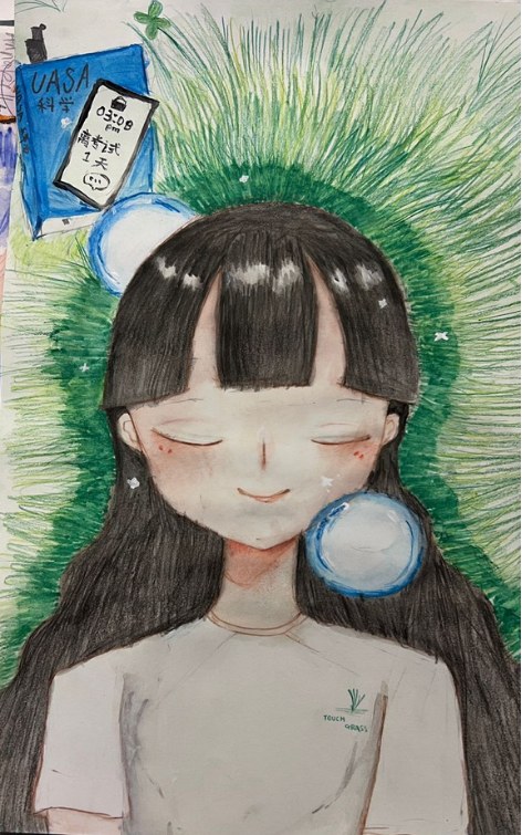 Student drawing of a girl with long dark hair against a green halo