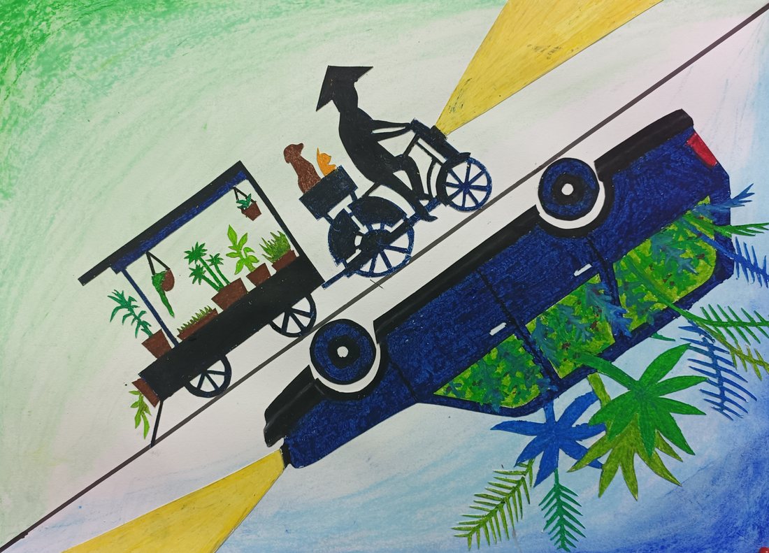 Student painting of a cyclist towing a plant cart past a blue car